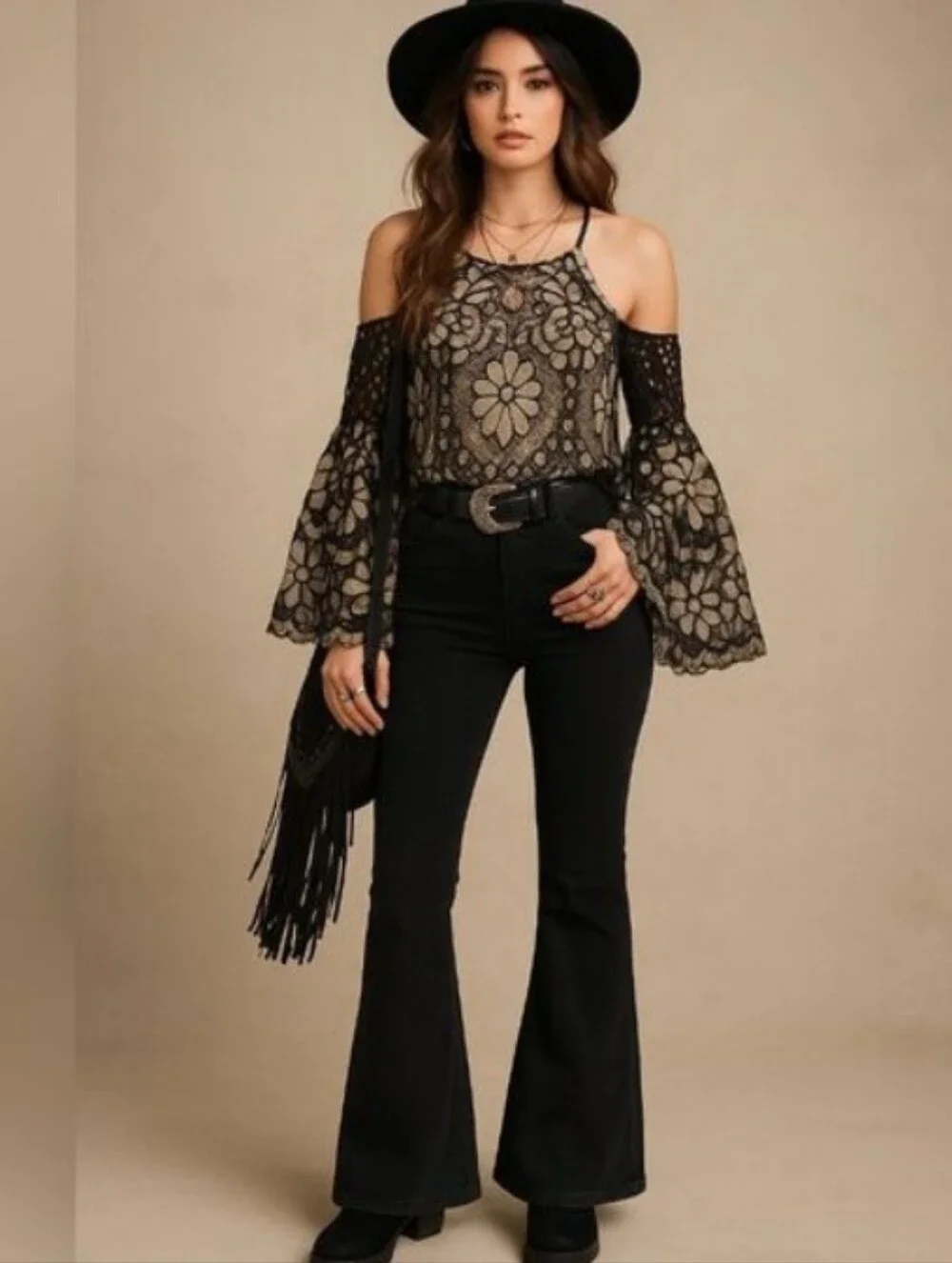 VENUS Black Lace Cold Shoulder Top Size 6 Off-Shoulder Nude Black Lace Medium